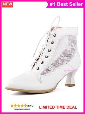 Victorian Lace Up Kitten Heel Booties Wedding Bride Ankle Boots